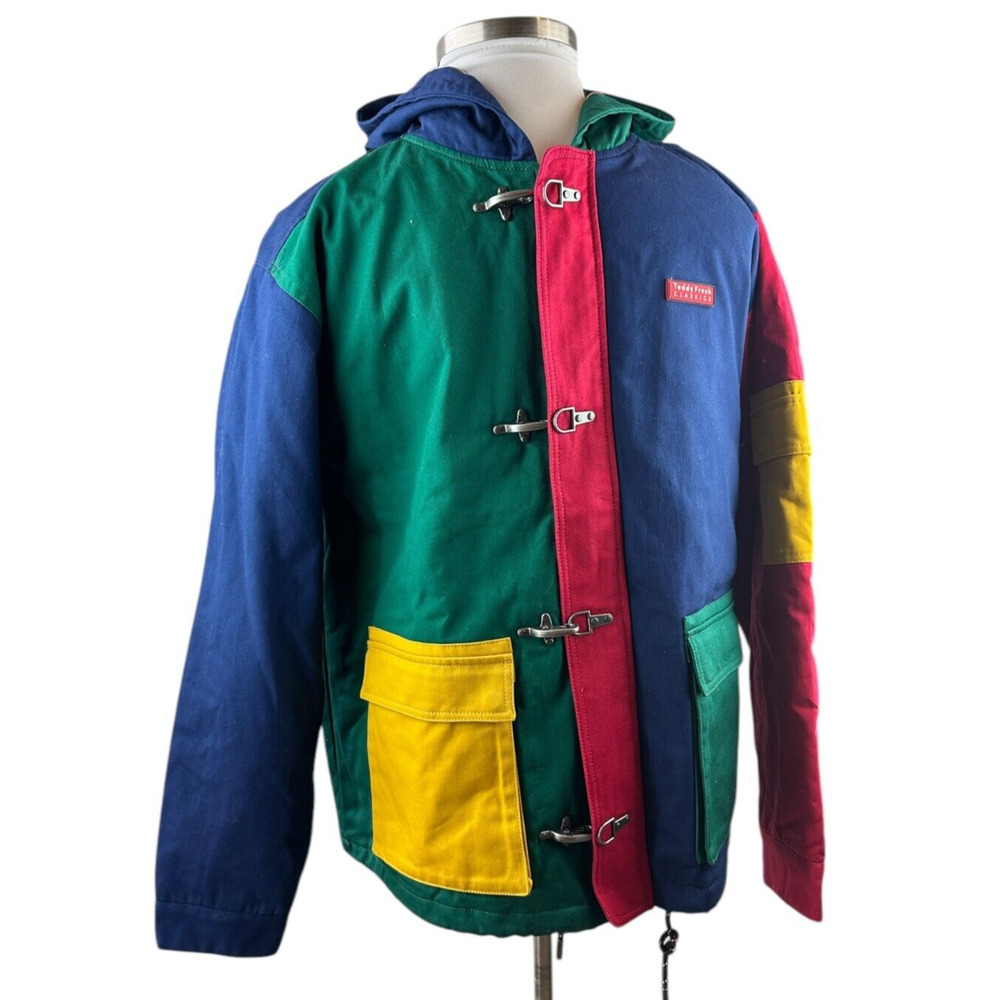 Teddy Fresh Fireman Style Toggle Clasp Chore Jacket Colorblock Oversized Medium - Picture 2 of 16